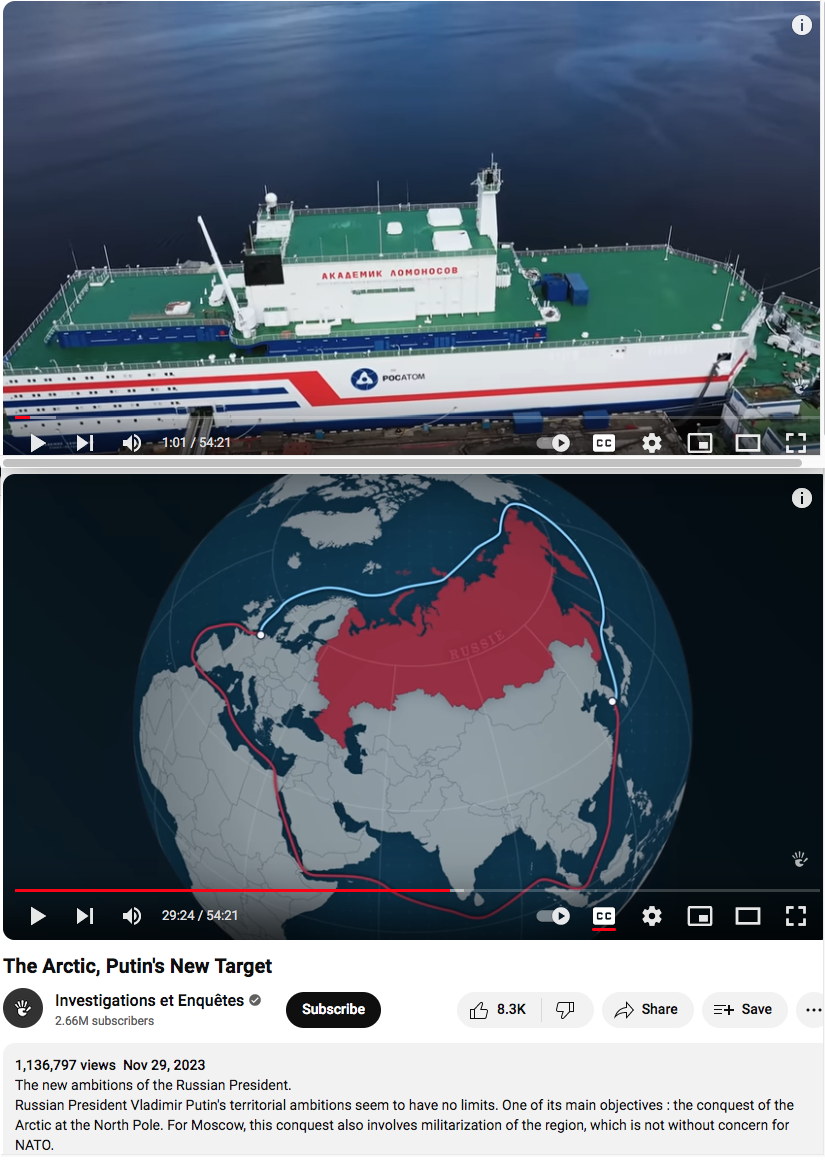 Screenshot Youtube. The Arctic, Putin|s New Target. Murmansk. Yamal. The Northeast Passage, allowing cargo ships to link Asia to Europe via the south in 20 days instead of 40. 2023-11-29
